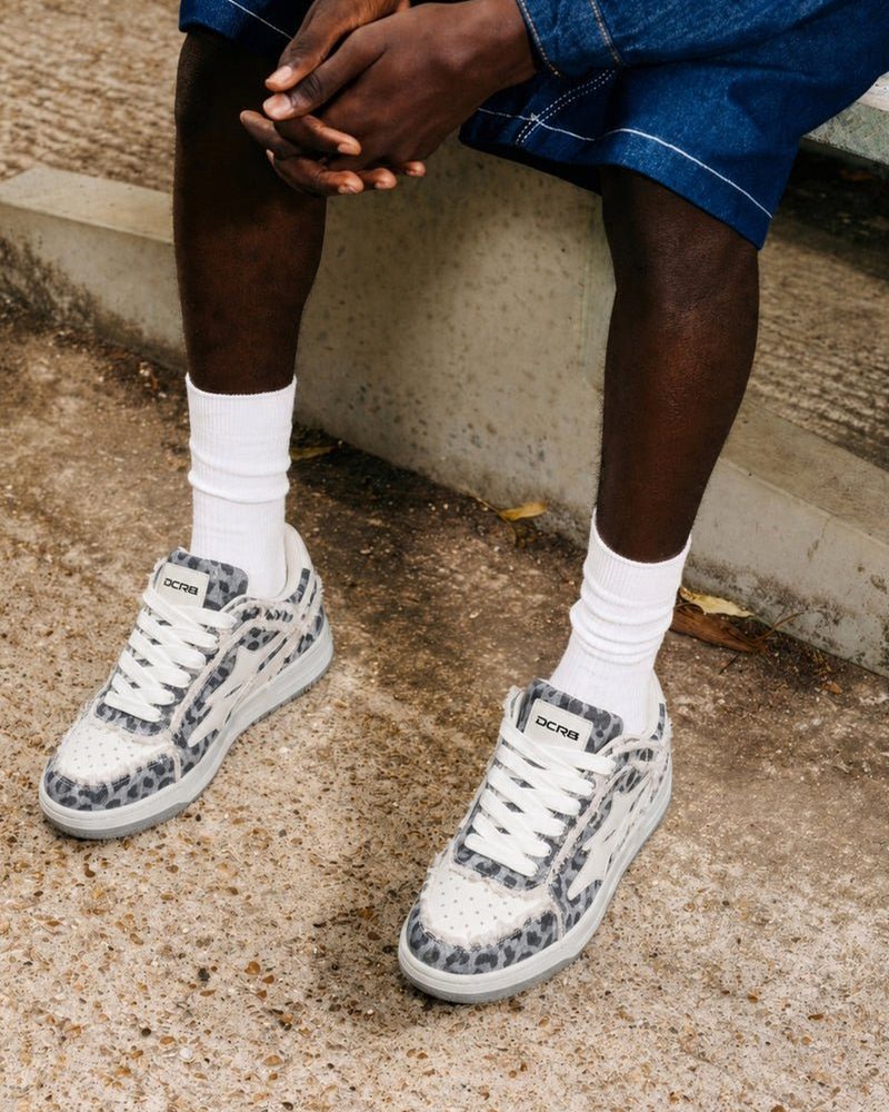 Leopard pair with white socks and denim shorts