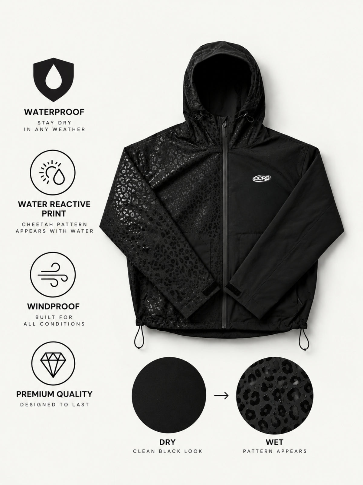 DCRB Black Water Reactive Cheetah Rain Jacket
