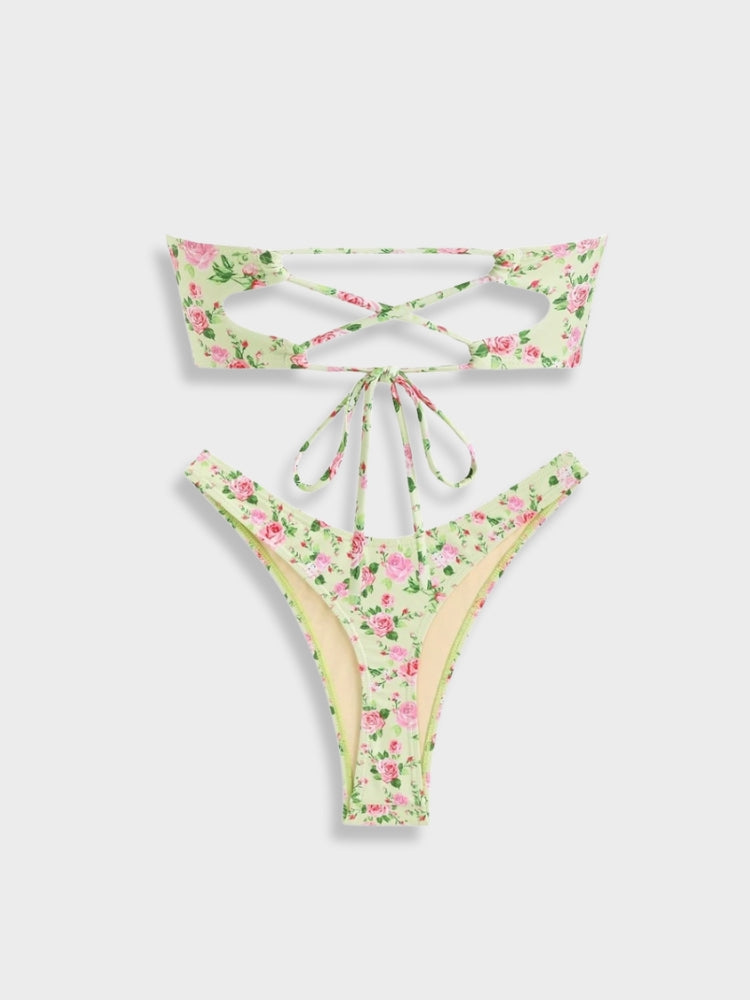 Thong & Strapless Top Flowered Bikini