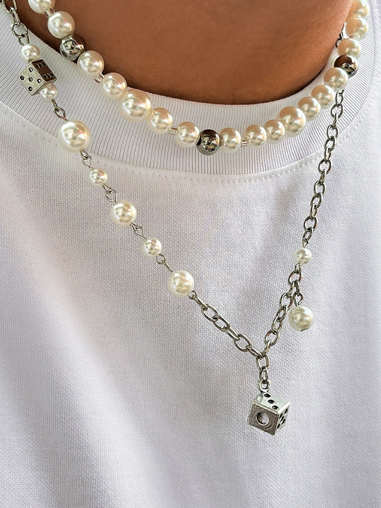 Double Silver & Pearl Dice Necklace